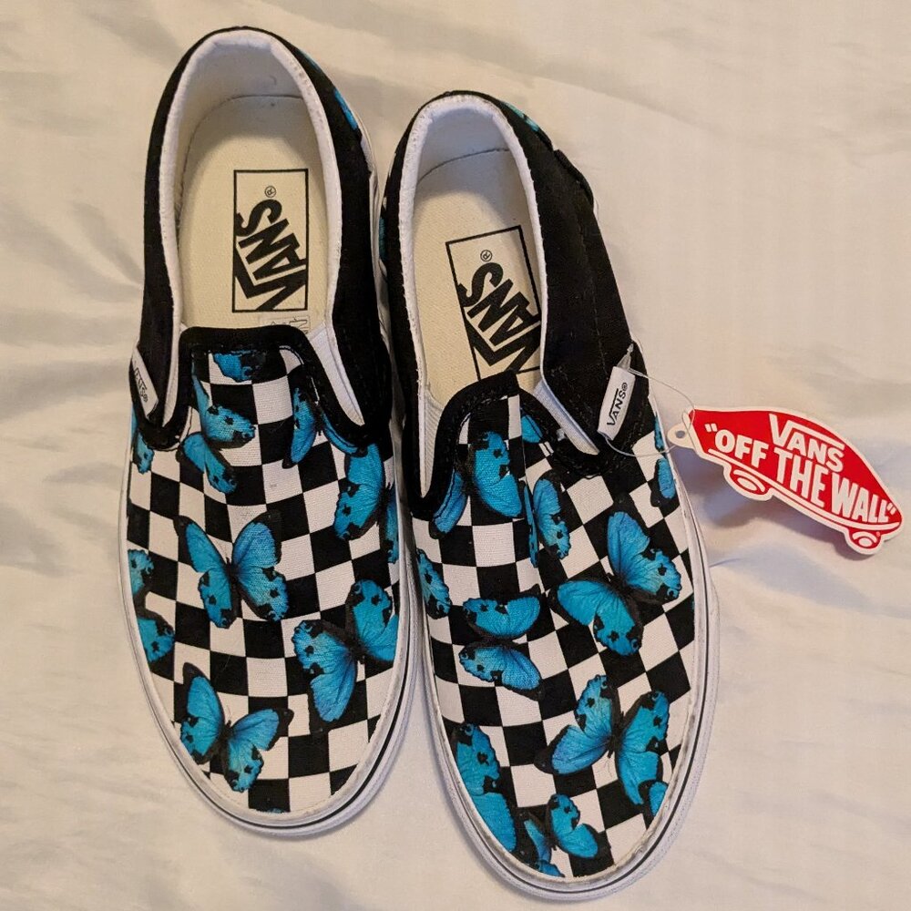 Vans black check/blue butterfly slip on sizes W6 ... M4.5